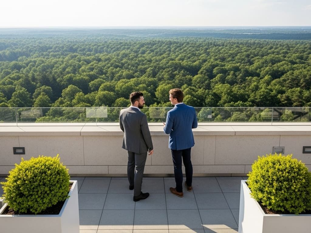 Empresarios observando un bosque desde una terraza