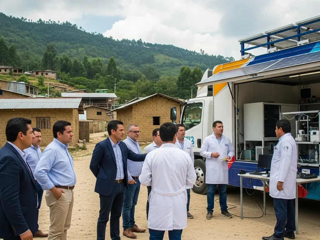 Empresarios revisando laboratorio movil
