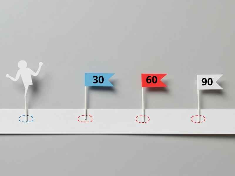 Representación visual del proceso de aprendizaje y adaptación laboral durante los primeros 30, 60 y 90 días de trabajo.
