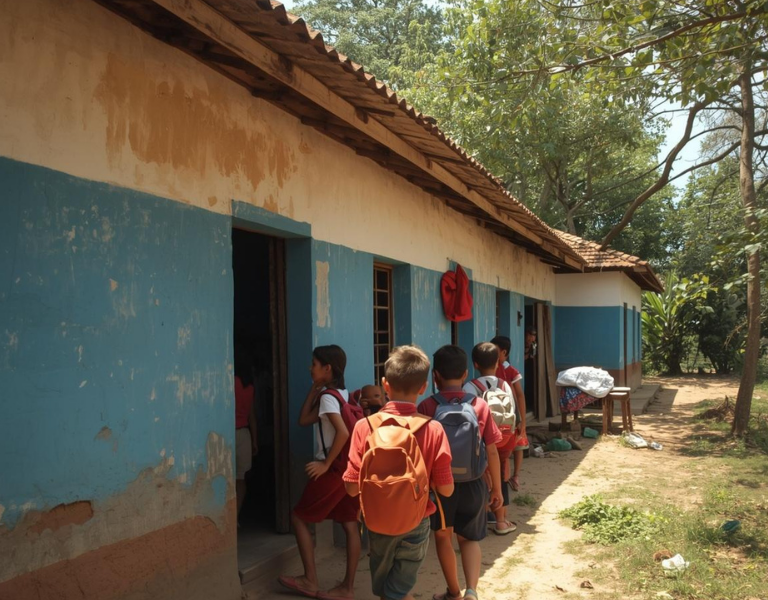 Infraestructura educativa rural en una escuela comunitaria de Guatemala.