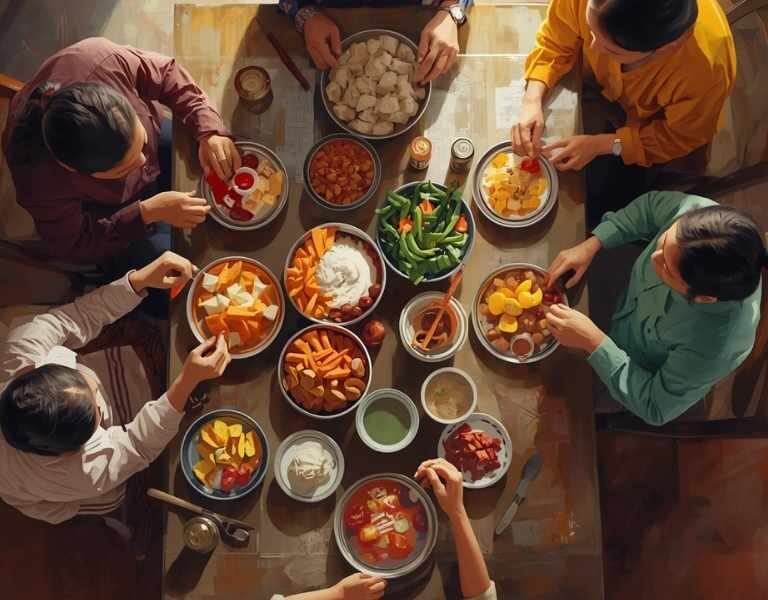 Mesa familiar con comida preparada y productos asociados a hábitos tradicionales de consumo.