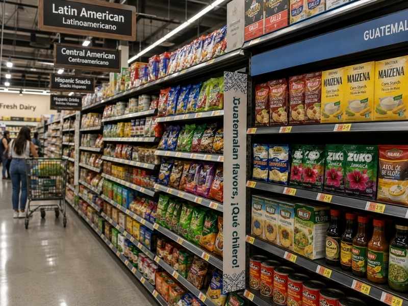 Productos alimenticios latinoamericanos en supermercados internacionales.