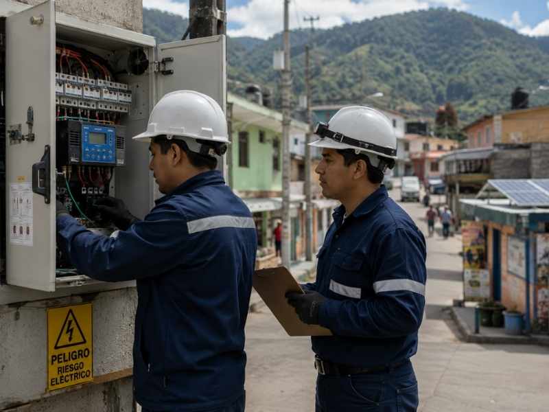 Técnicos revisando infraestructura energética para una comunidad.