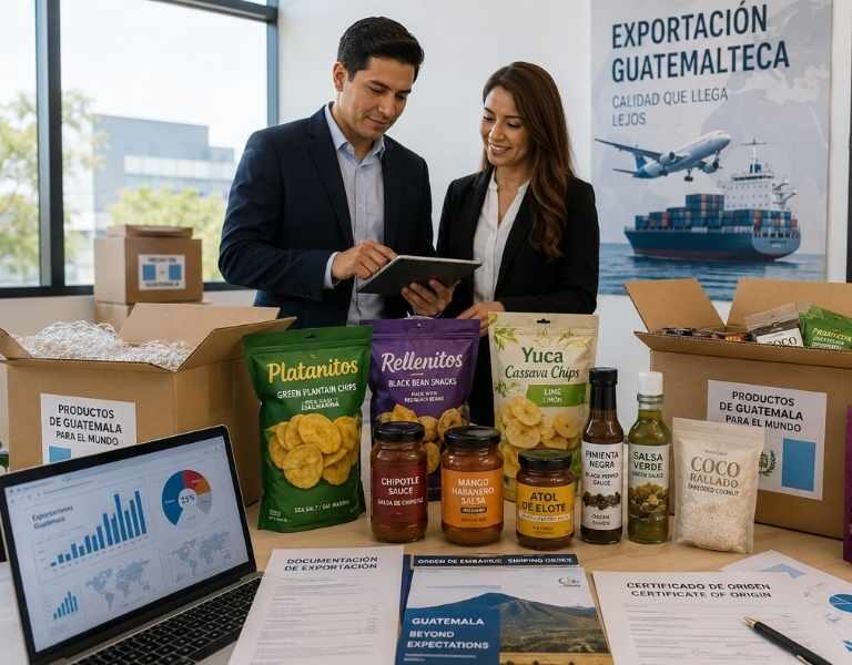 Productos alimenticios guatemaltecos preparados para exportación internacional.