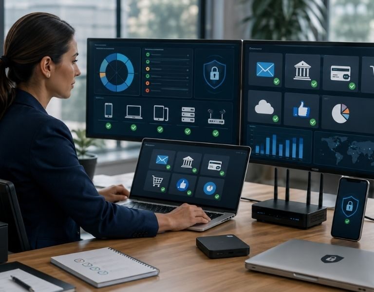 Empresaria utilizando computadora y teléfono con controles de autenticación y acceso para proteger cuentas y datos de la empresa.