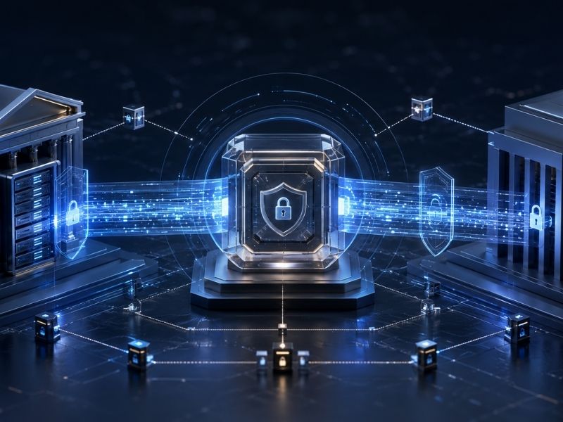 Sistemas financieros conectados mediante un flujo de datos protegido con cifrado, autenticación y controles de seguridad.