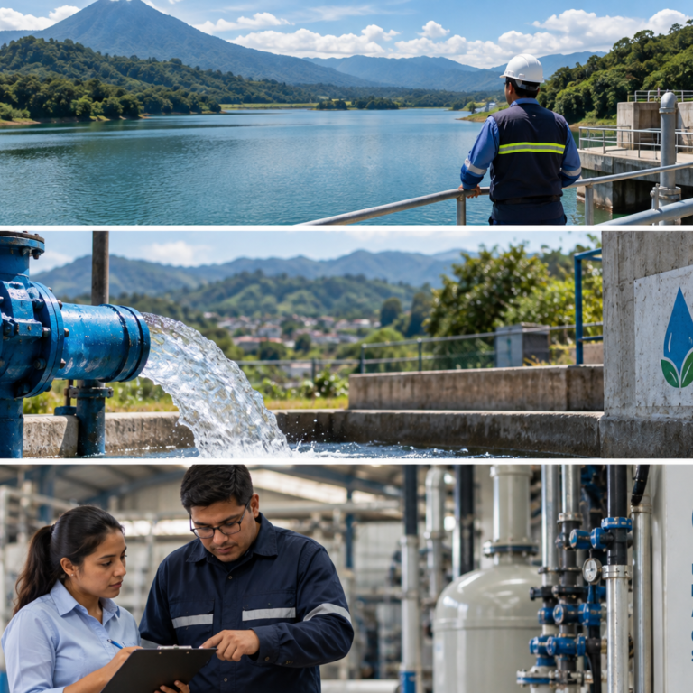 Infraestructura hídrica junto a un lago en Guatemala, relacionada con la gestión del agua y la continuidad de las operaciones.