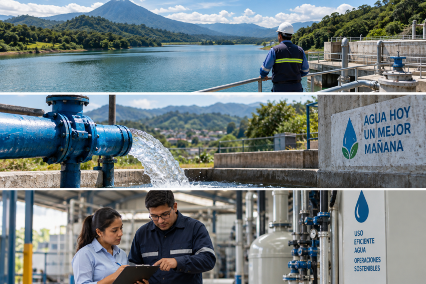 Infraestructura hídrica junto a un lago en Guatemala, relacionada con la gestión del agua y la continuidad de las operaciones.