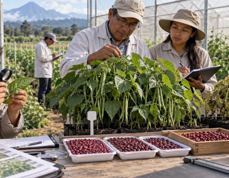 Investigadores agrícolas analizan plantas y semillas de ICTA-Tahual durante su proceso de investigación y validación en campo.