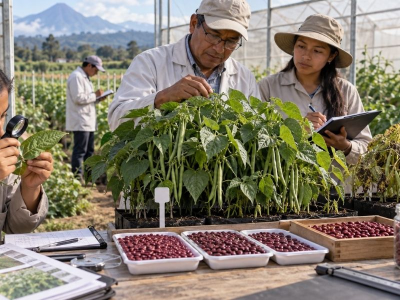 Investigadores agrícolas analizan plantas y semillas de ICTA-Tahual durante su proceso de investigación y validación en campo.