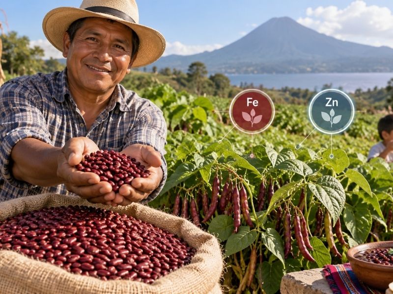 Agricultor muestra una cosecha de frijol ICTA-Tahual, variedad biofortificada con hierro y zinc desarrollada en Guatemala.