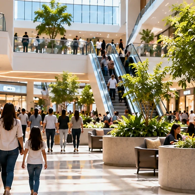 Centro comercial con tiendas, vegetación, zonas de descanso y visitantes.