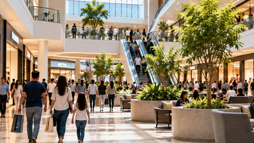 Centro comercial con tiendas, vegetación, zonas de descanso y visitantes.