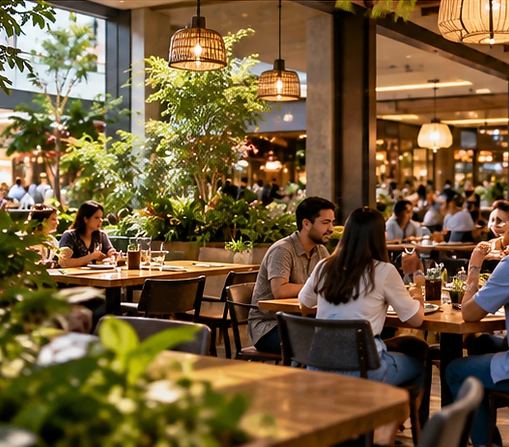 Entrada de un centro comercial con recorridos peatonales, vegetación y conexión con el estacionamiento.
