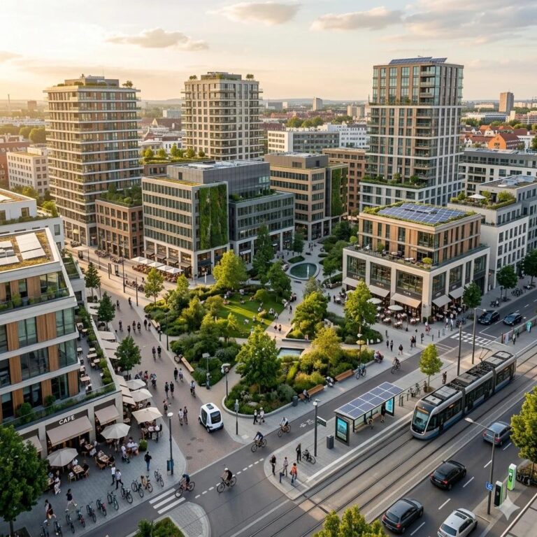 Vista aérea de una zona urbana con edificios residenciales, comercios, calles y áreas verdes integradas.